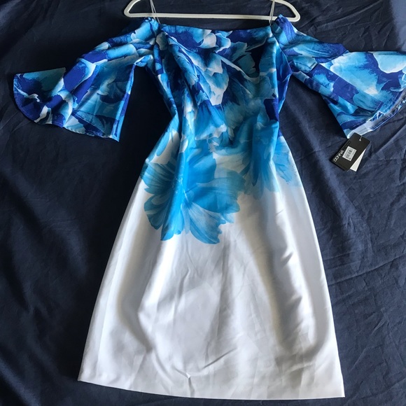 Donna Ricco NWT Blue White Floral off-shoulder bardot flare sleeve dress 8 - Picture 4 of 4